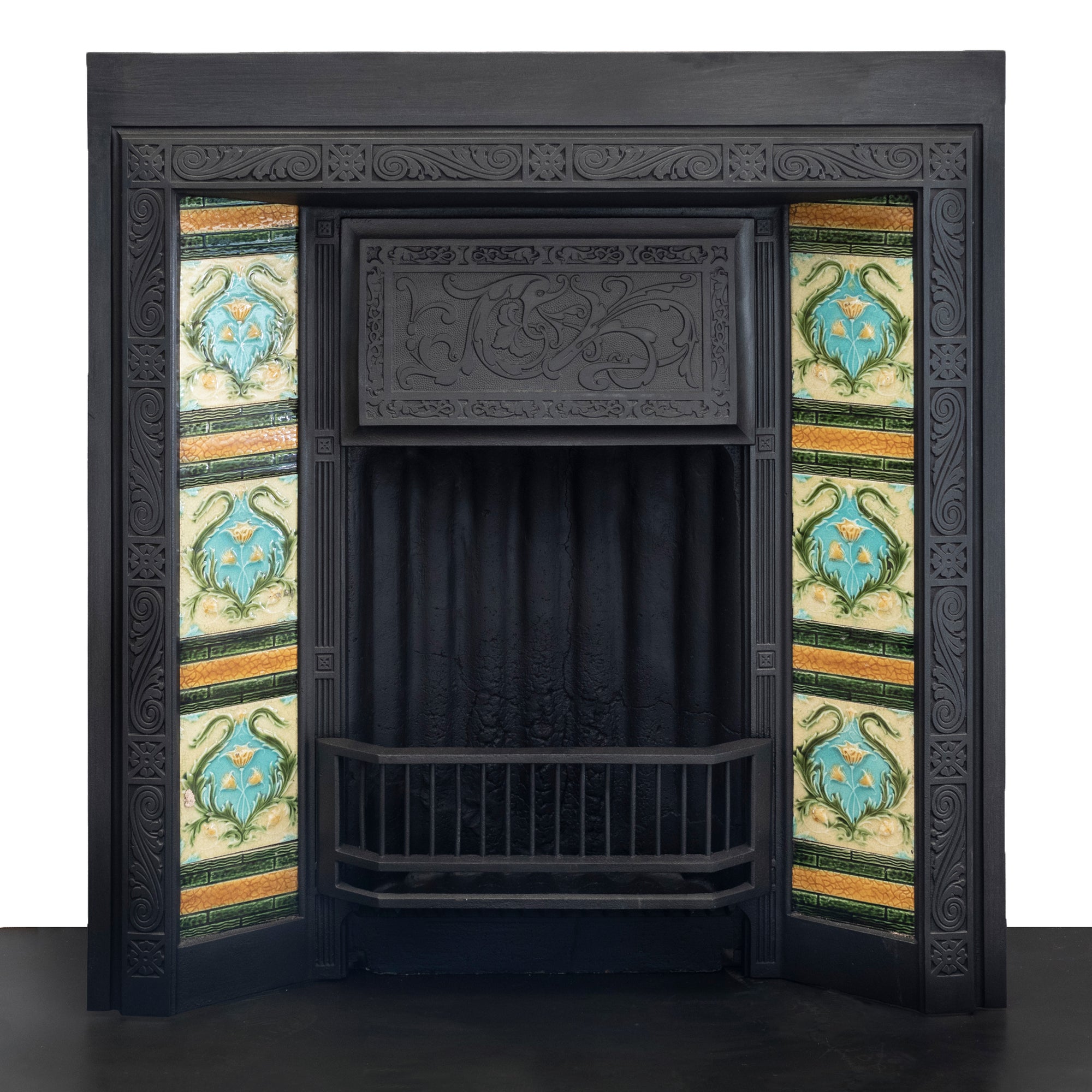 Antique Cast iron Fireplace Insert with Green & Blue Tiles | The Architectural Forum