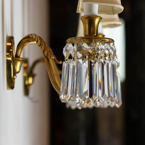 Reclaimed Brass and Crystal Chandelier Wall Light Sconces with Shades | The Architectural Forum