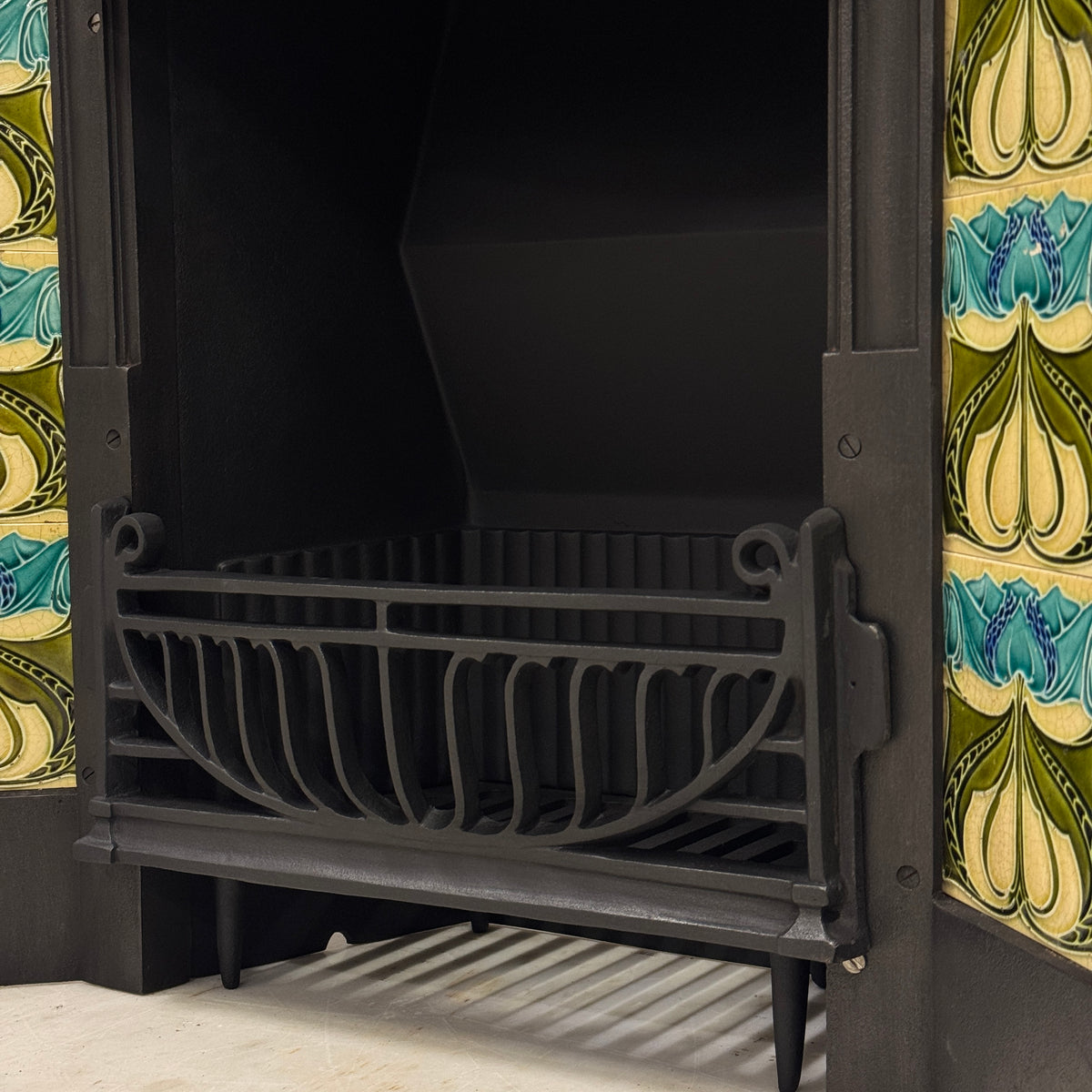 Antique Cast Iron Art Nouveau Combination Fireplace With Tiles