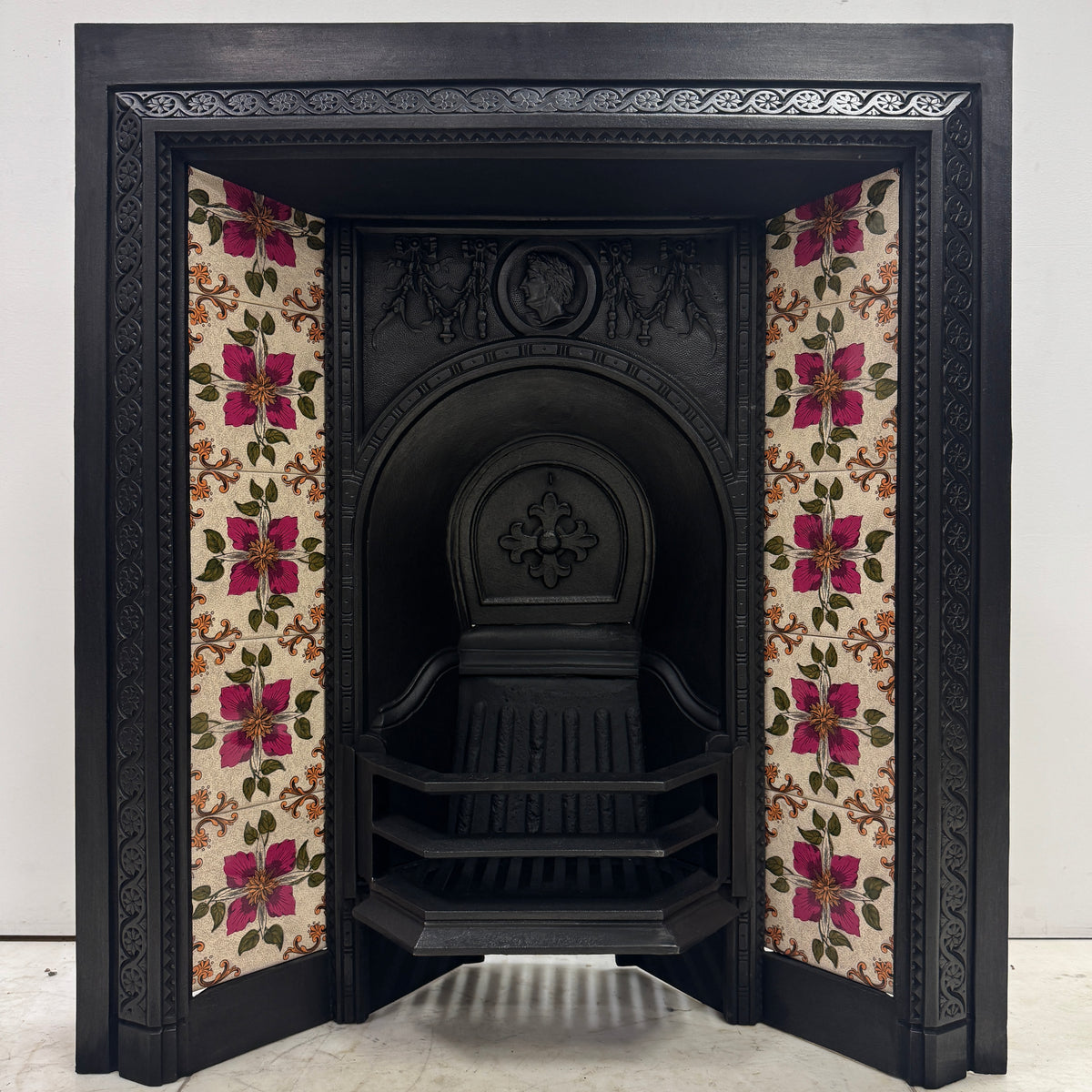 Victorian Cast Iron Tiled Fireplace Insert with Floral Panels | The Architectural Forum