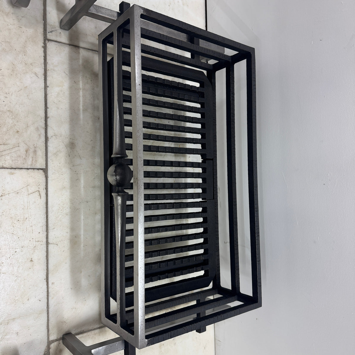 Reclaimed Polished Steel Byron Fire Basket with Newton Scroll Andirons