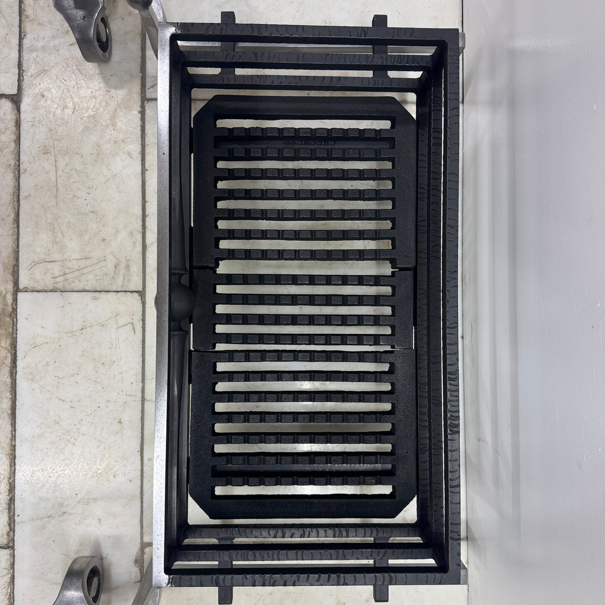 Reclaimed Polished Steel Byron Fire Basket with Newton Scroll Andirons