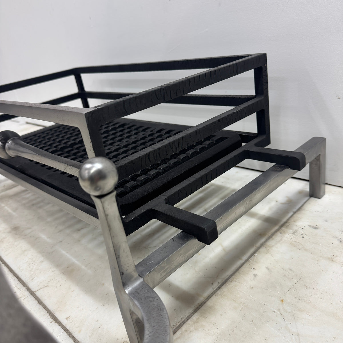 Reclaimed Polished Steel Byron Fire Basket with Newton Scroll Andirons