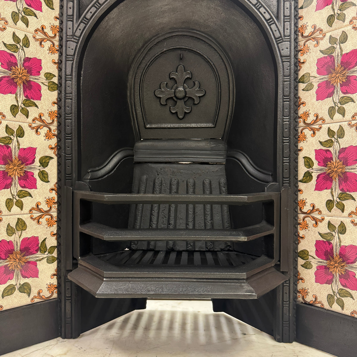 Victorian Cast Iron Tiled Fireplace Insert with Floral Panels | The Architectural Forum