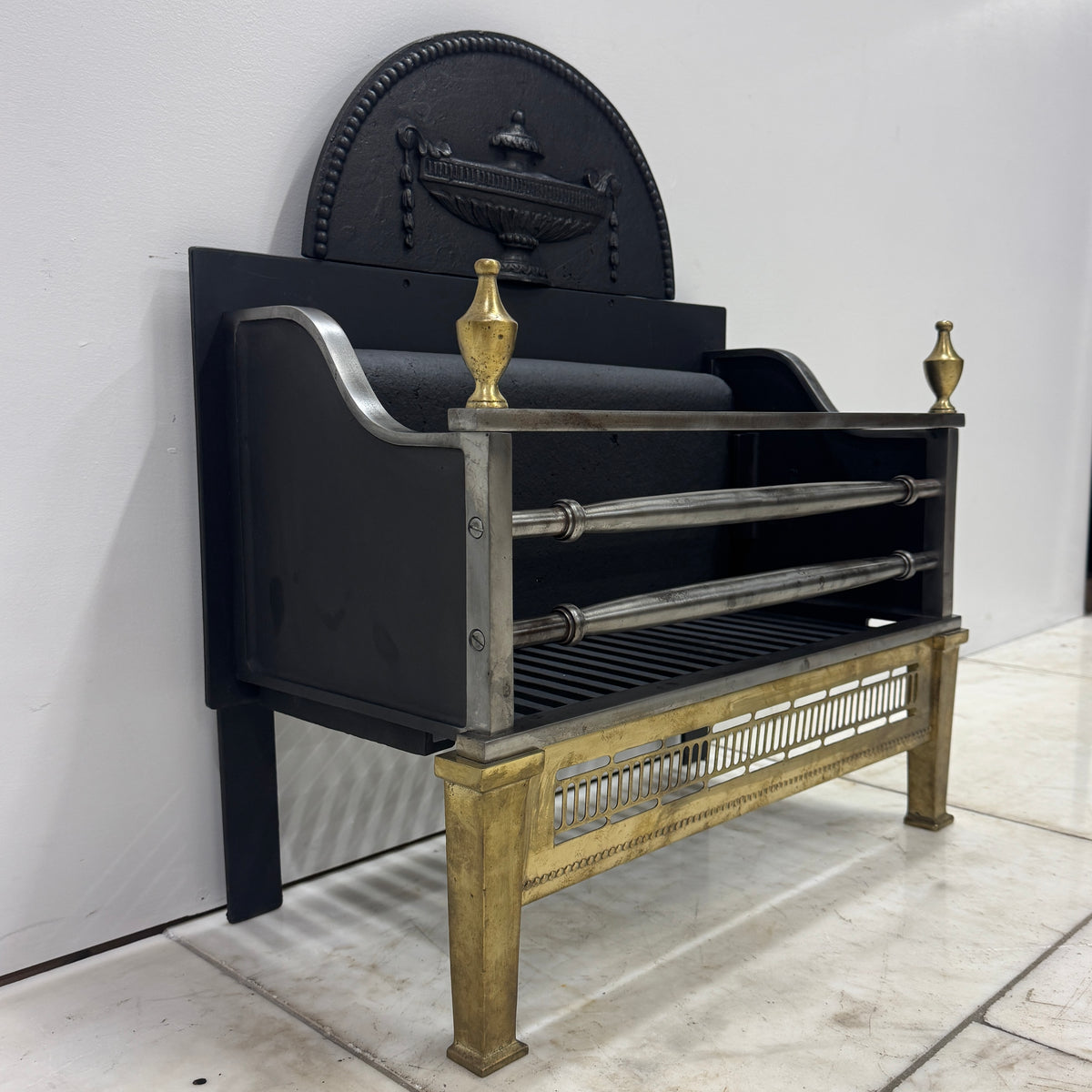 Regency-Style Reclaimed Fire Basket With Brass Finials