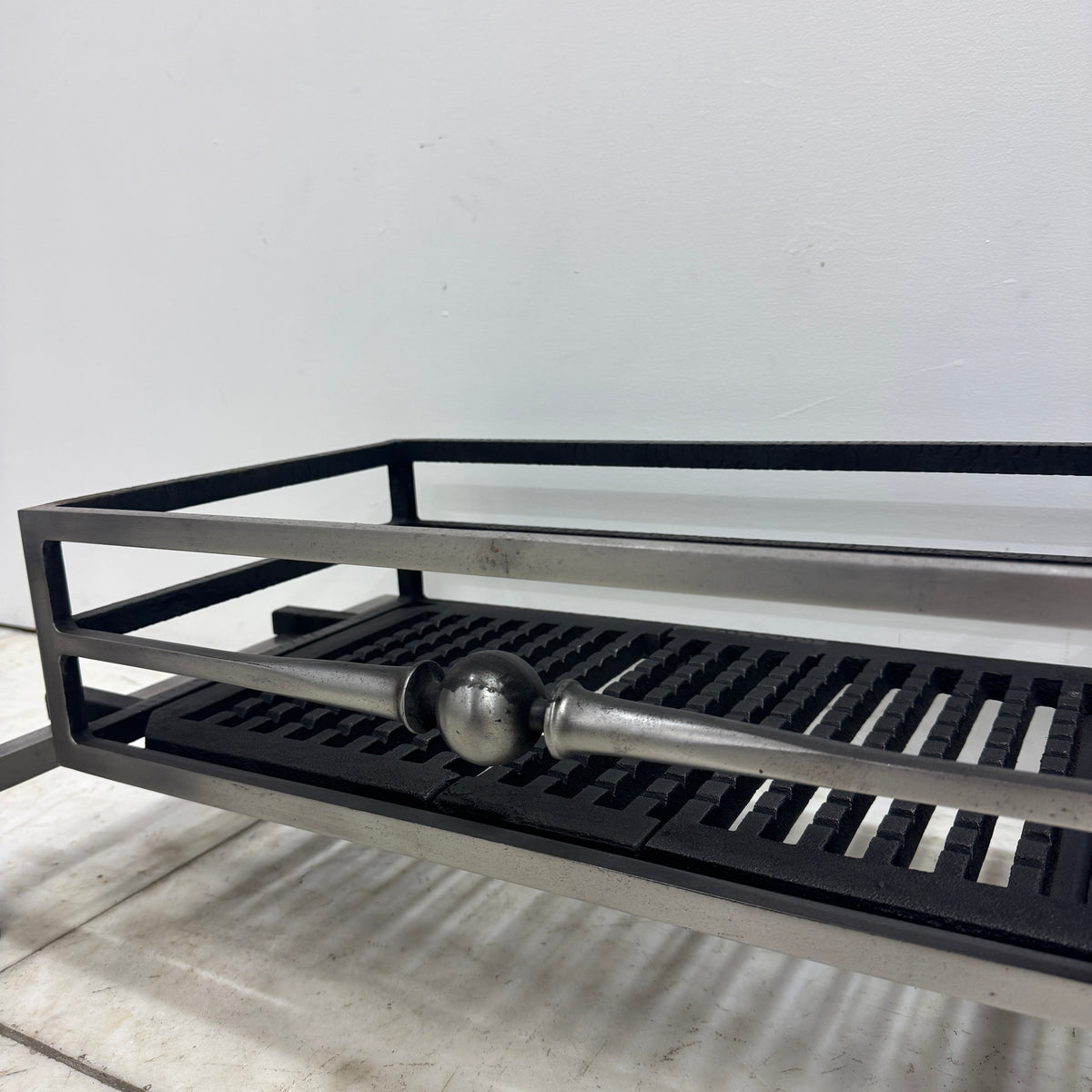 Reclaimed Polished Steel Byron Fire Basket with Newton Scroll Andirons
