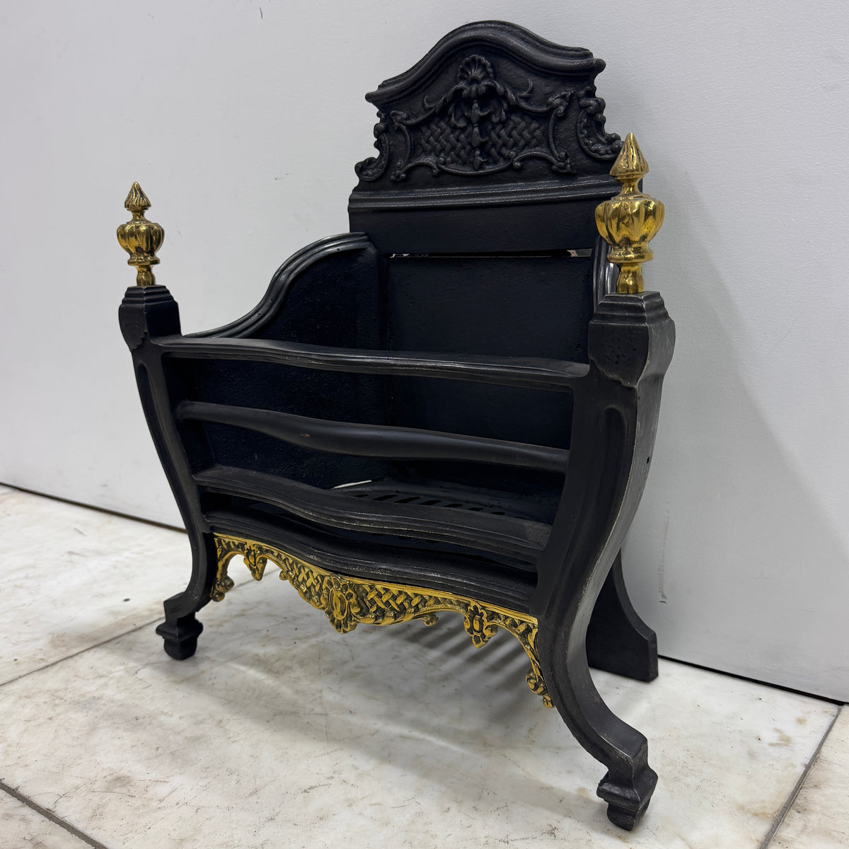 Reclaimed Cast Iron Fire Basket with Brass Finials and Decorative Apron