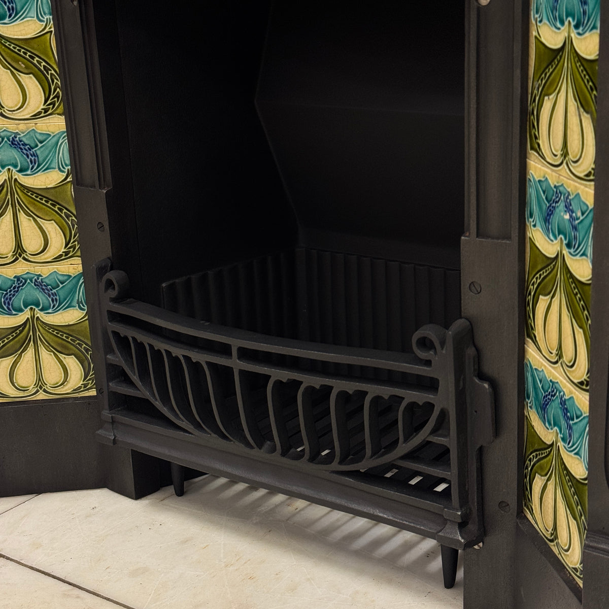 Antique Cast Iron Art Nouveau Combination Fireplace With Tiles