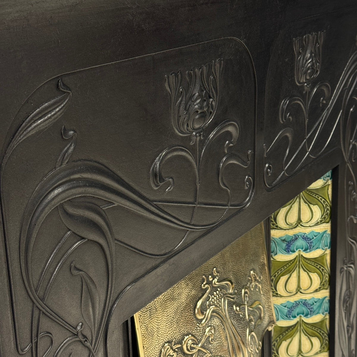 Antique Cast Iron Art Nouveau Combination Fireplace With Tiles