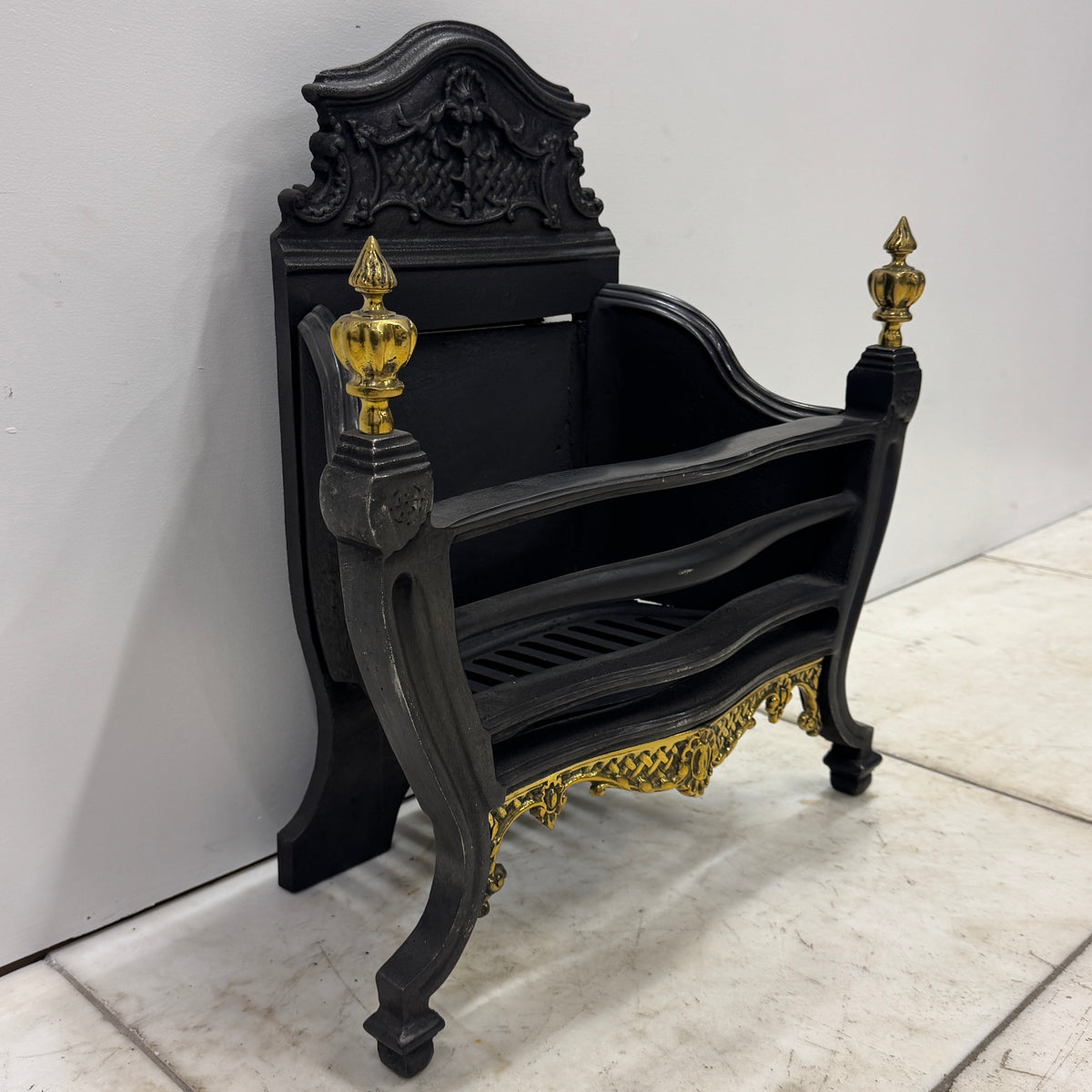 Reclaimed Cast Iron Fire Basket with Brass Finials and Decorative Apron