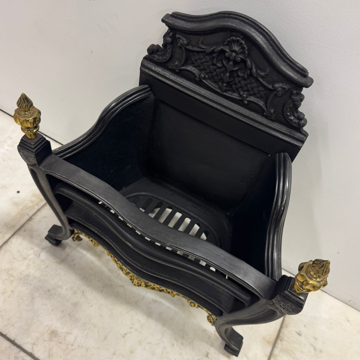 Reclaimed Cast Iron Fire Basket with Brass Finials and Decorative Apron