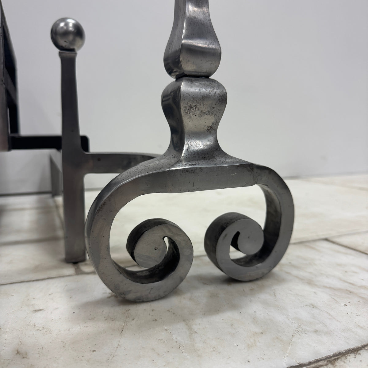 Reclaimed Polished Steel Byron Fire Basket with Newton Scroll Andirons