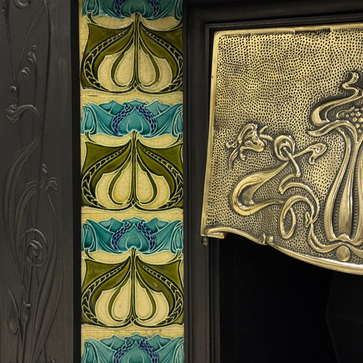 Antique Cast Iron Art Nouveau Combination Fireplace With Tiles