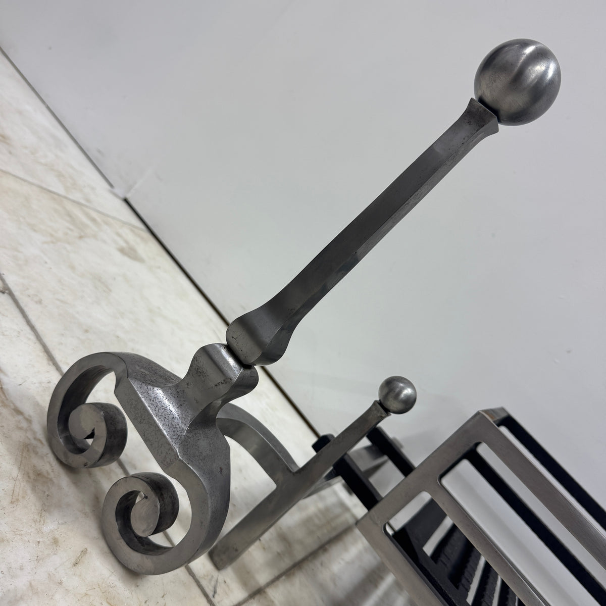 Reclaimed Polished Steel Byron Fire Basket with Newton Scroll Andirons