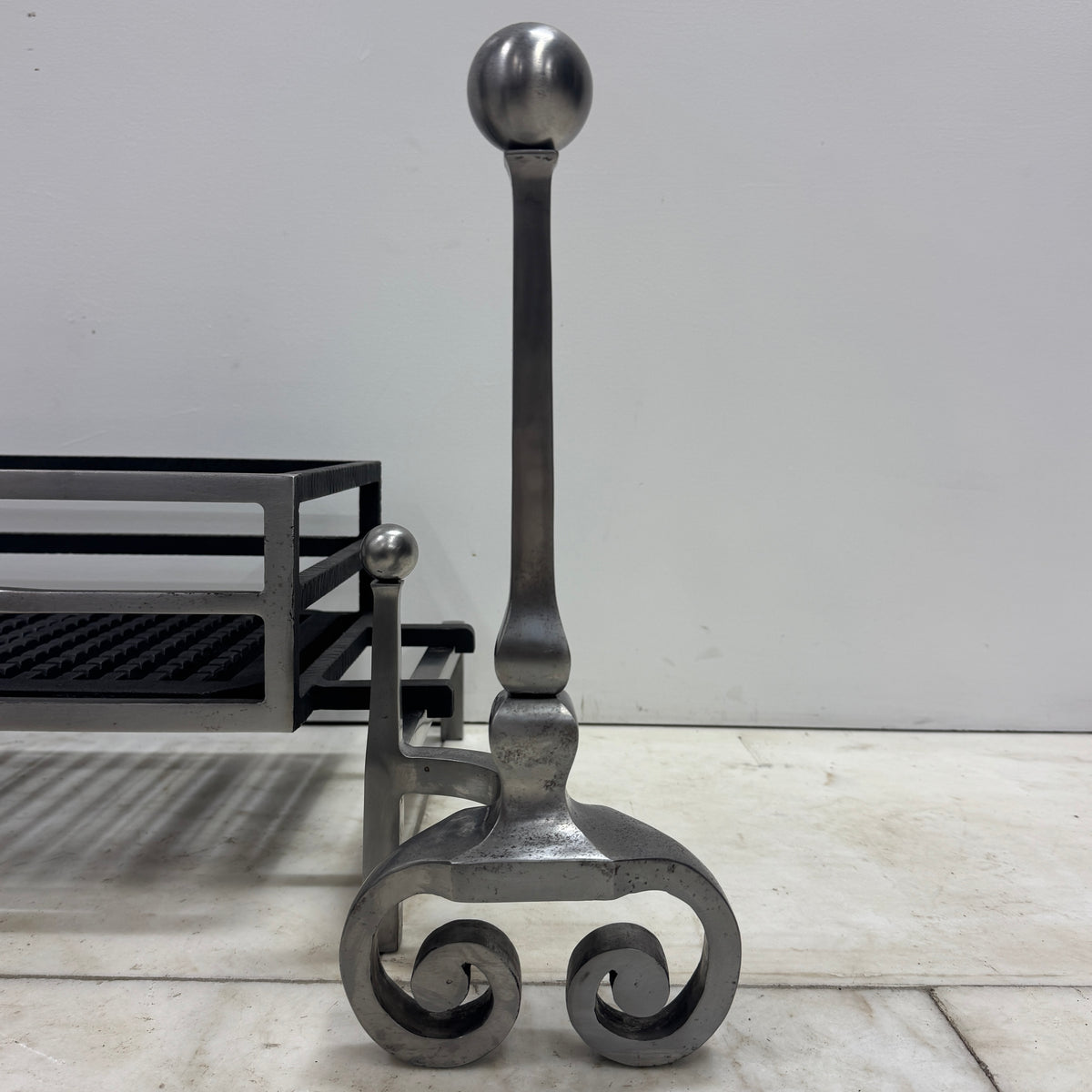 Reclaimed Polished Steel Byron Fire Basket with Newton Scroll Andirons