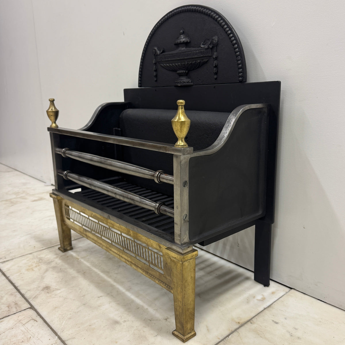 Regency-Style Reclaimed Fire Basket With Brass Finials