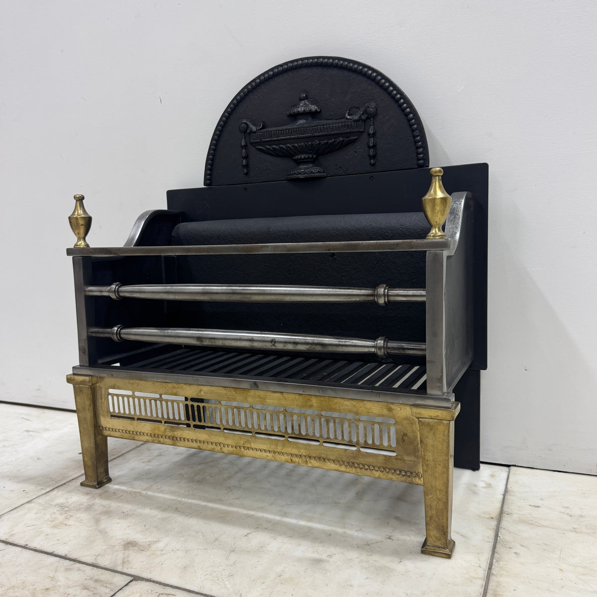 Regency-Style Reclaimed Fire Basket With Brass Finials