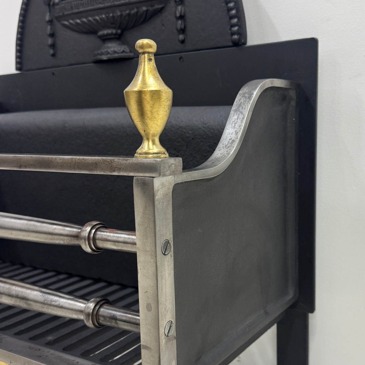 Regency-Style Reclaimed Fire Basket With Brass Finials