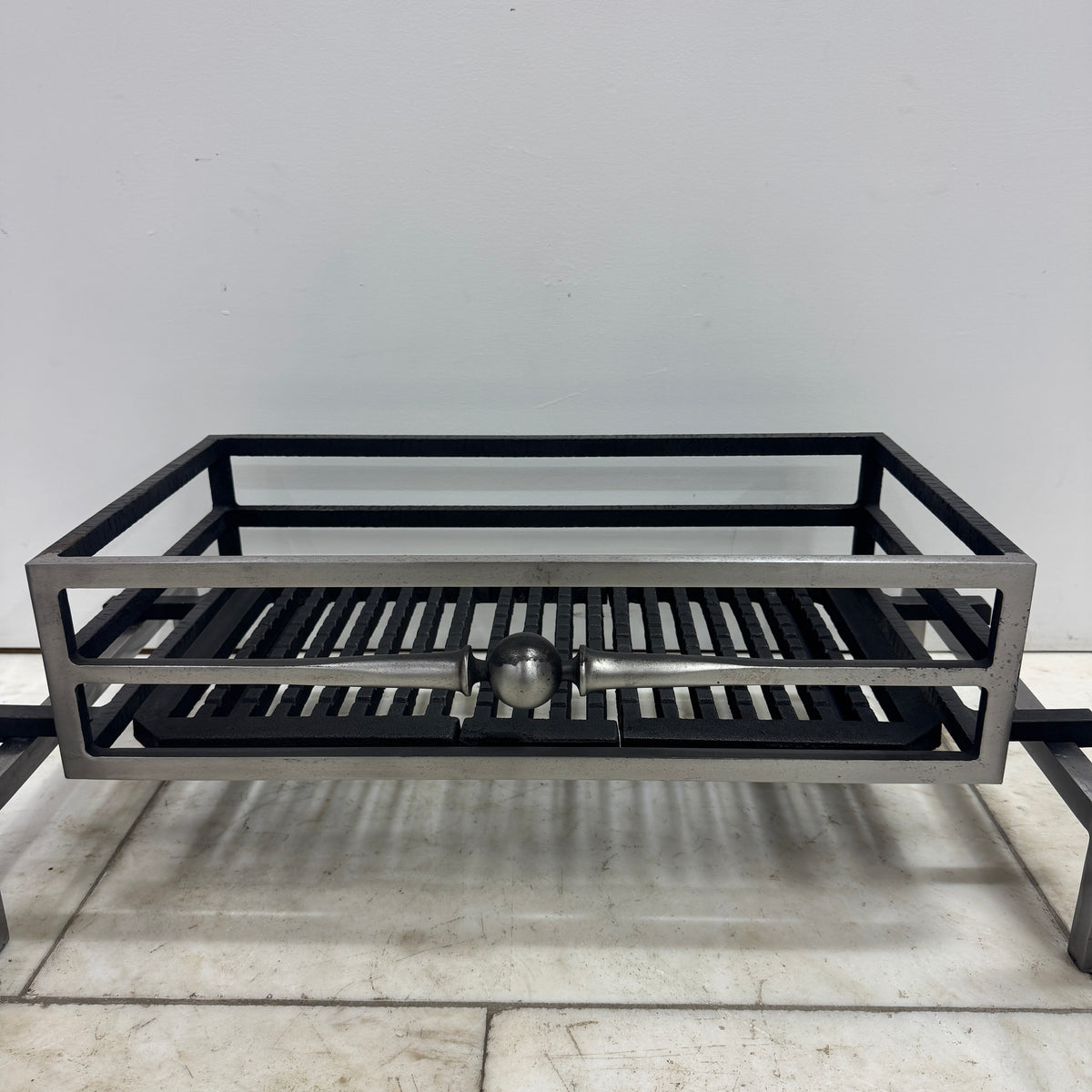 Reclaimed Polished Steel Byron Fire Basket with Newton Scroll Andirons
