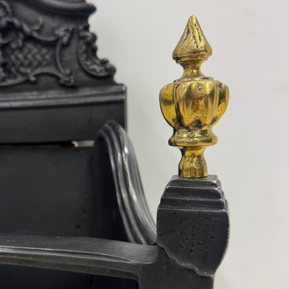 Reclaimed Cast Iron Fire Basket with Brass Finials and Decorative Apron