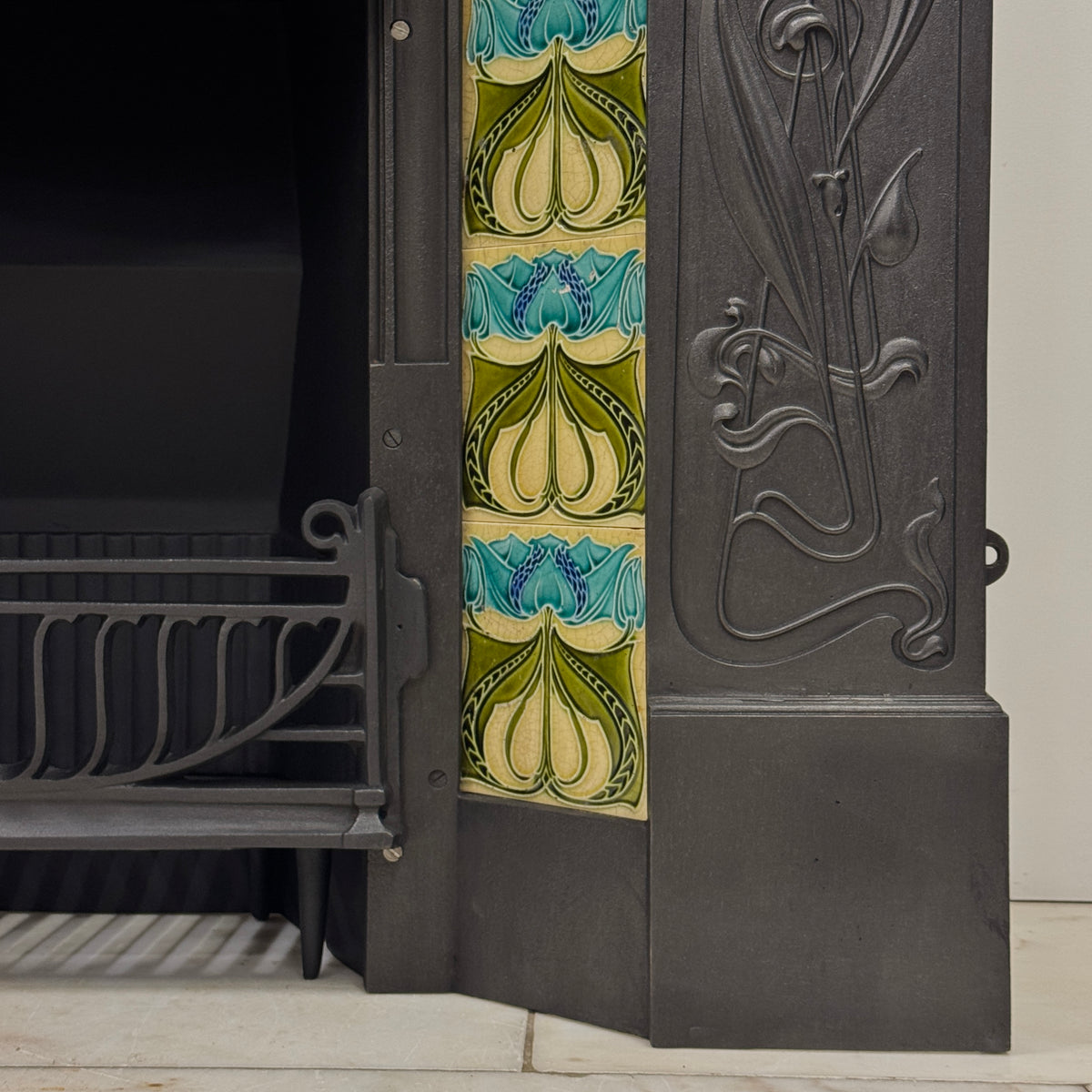 Antique Cast Iron Art Nouveau Combination Fireplace With Tiles