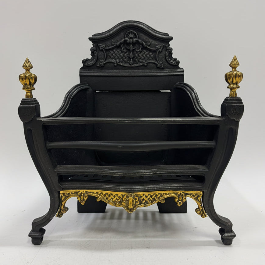 Reclaimed Cast Iron Fire Basket with Brass Finials and Decorative Apron