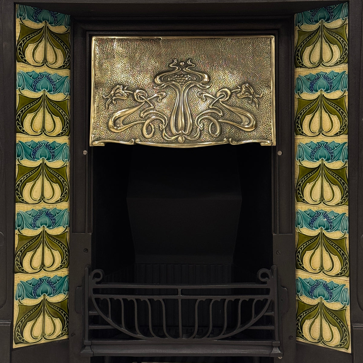 Antique Cast Iron Art Nouveau Combination Fireplace With Tiles
