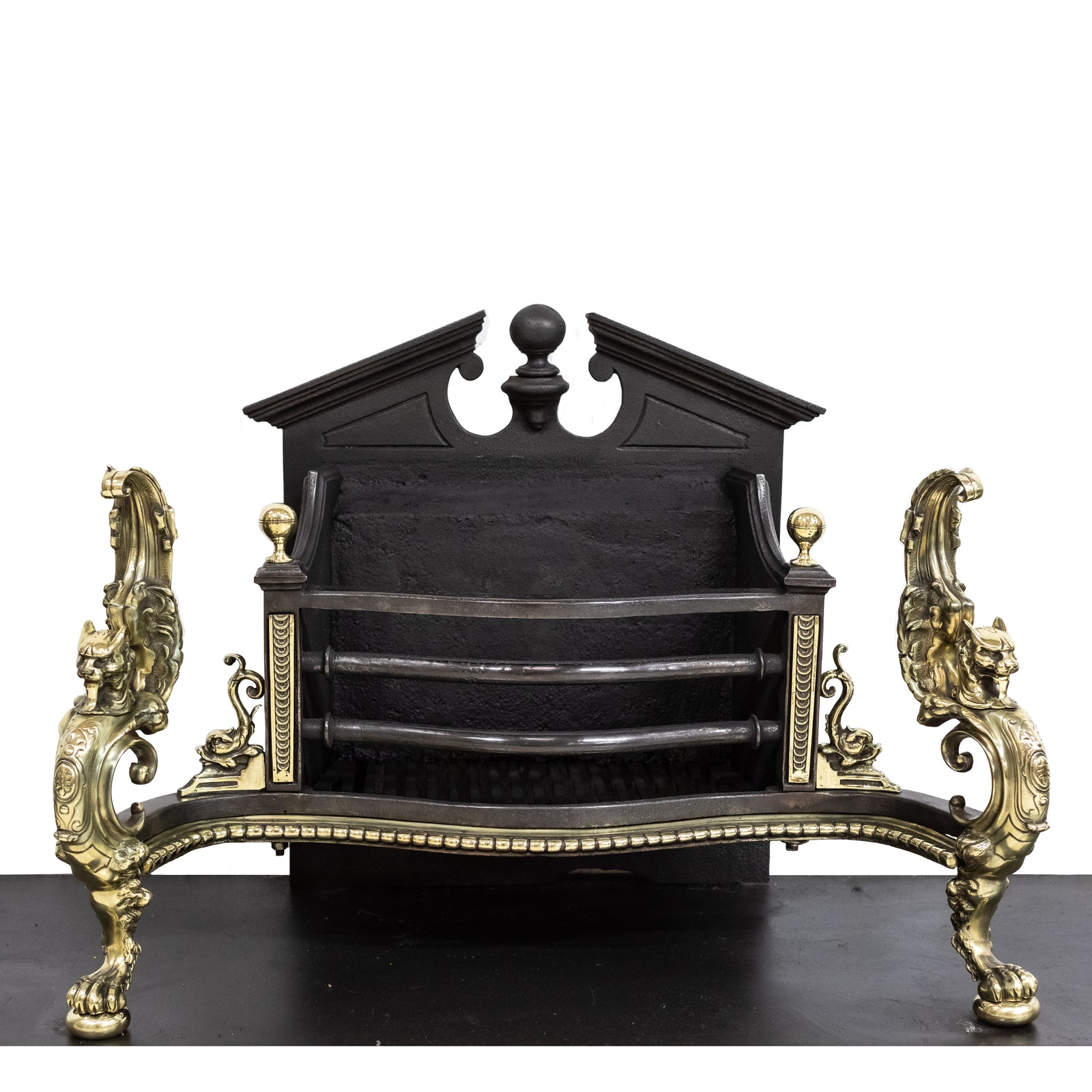 Antique Rococo Style Polished Steel and Brass Fire Basket with Griffins | The Architectural Forum