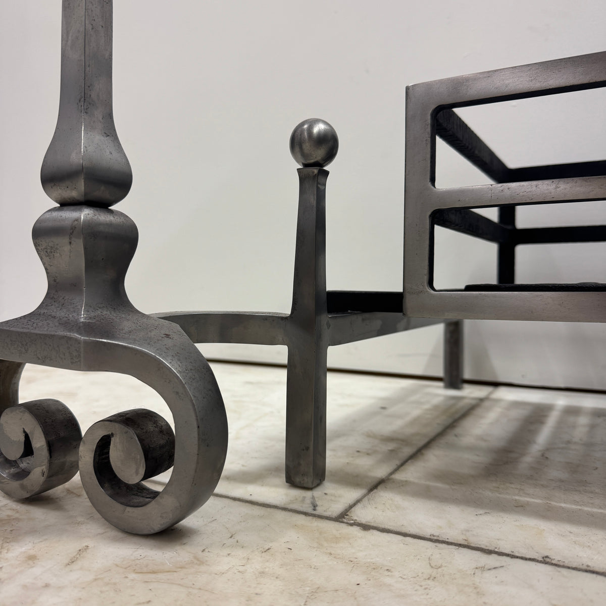 Reclaimed Polished Steel Byron Fire Basket with Newton Scroll Andirons