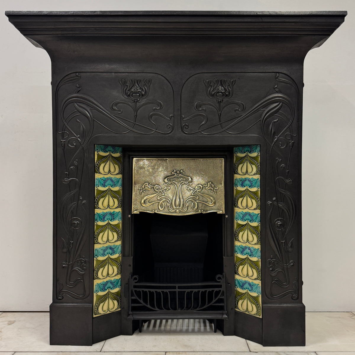Antique Cast Iron Art Nouveau Combination Fireplace With Tiles