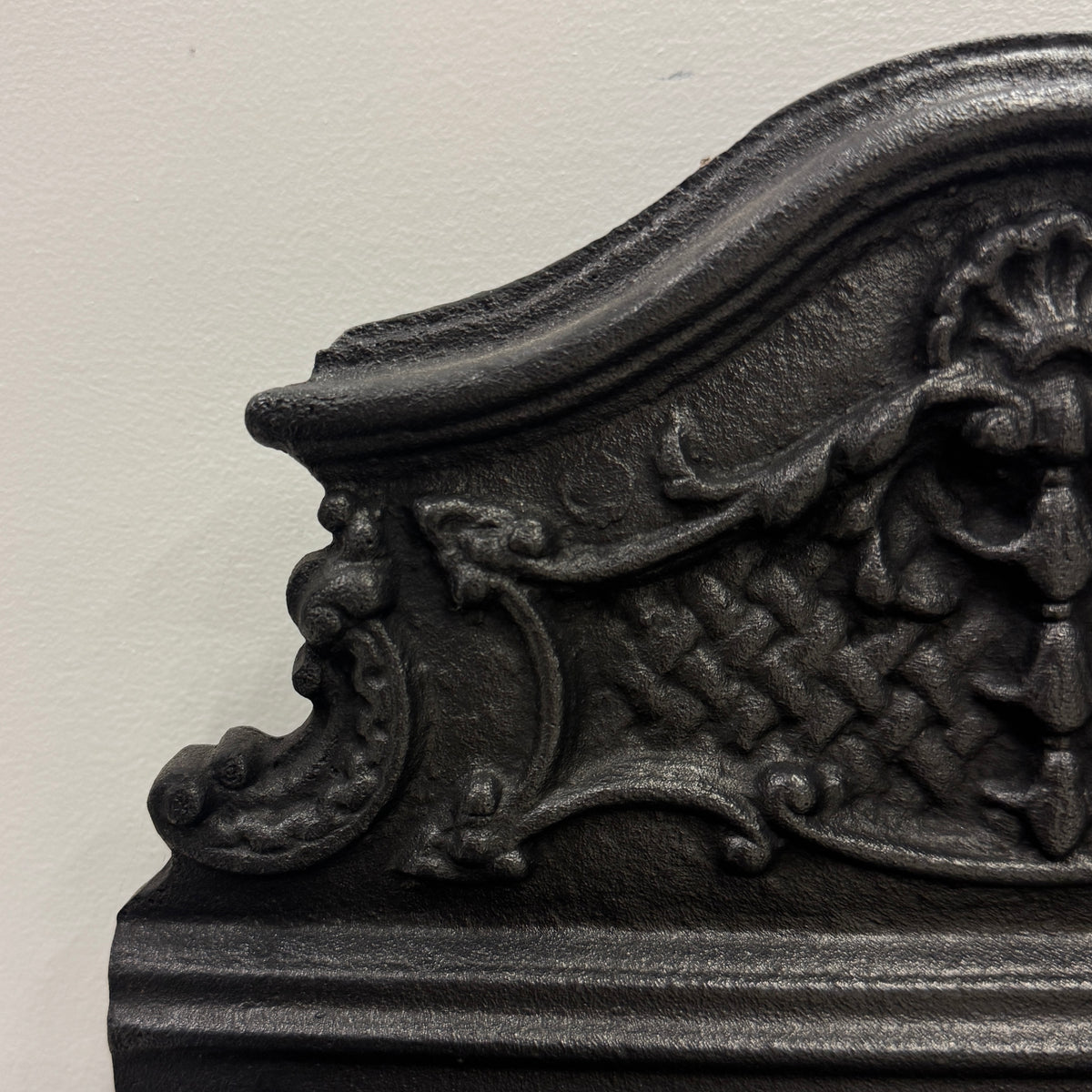 Reclaimed Cast Iron Fire Basket with Brass Finials and Decorative Apron