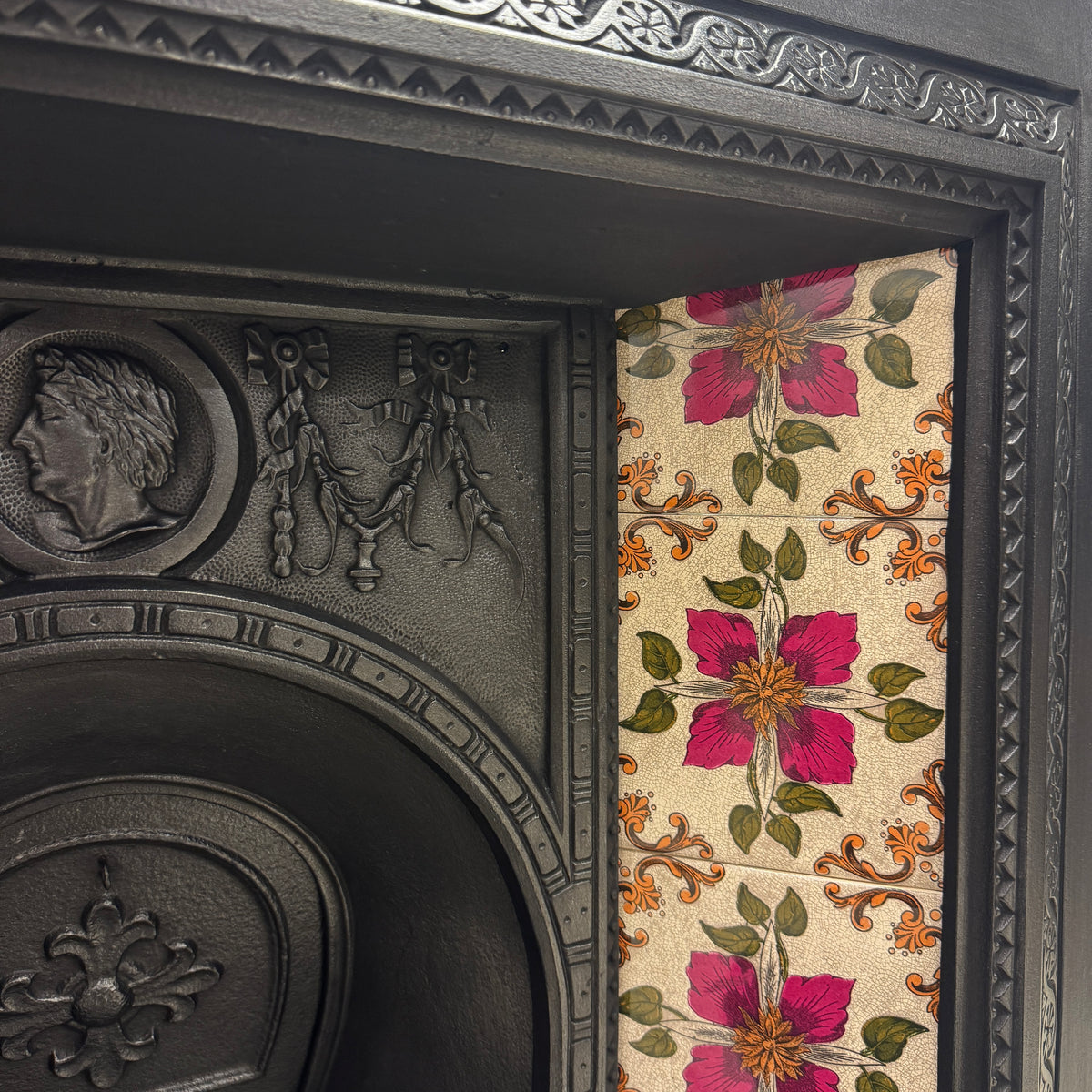 Victorian Cast Iron Tiled Fireplace Insert with Floral Panels | The Architectural Forum
