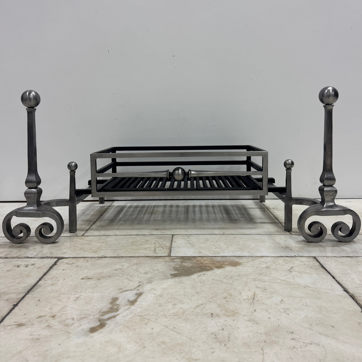 Reclaimed Polished Steel Byron Fire Basket with Newton Scroll Andirons