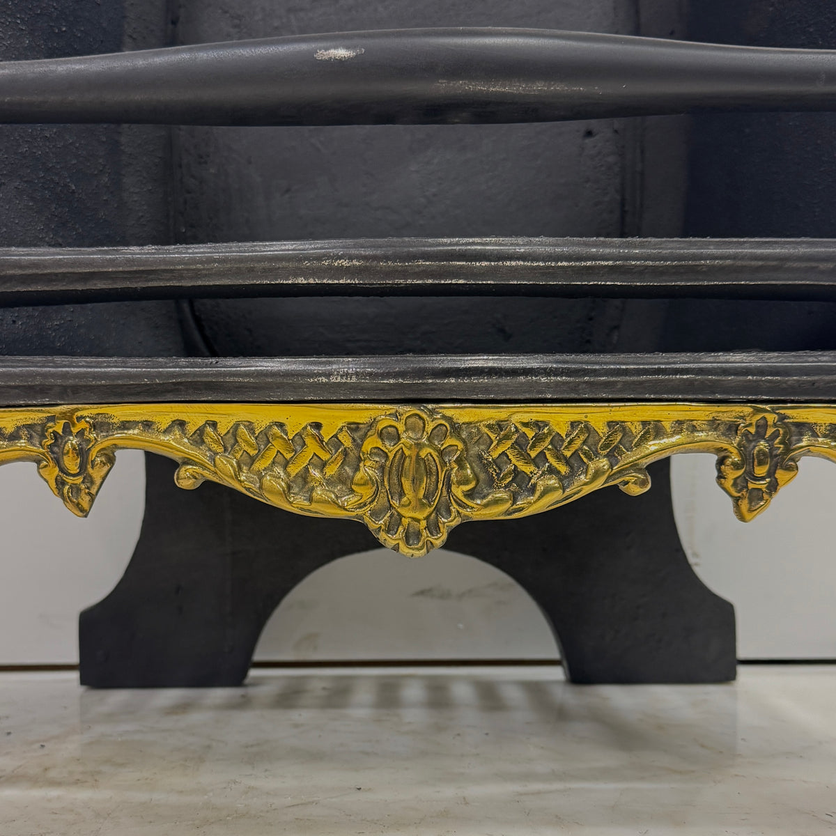 Reclaimed Cast Iron Fire Basket with Brass Finials and Decorative Apron