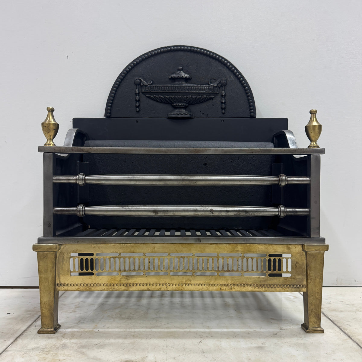 Regency-Style Reclaimed Fire Basket With Brass Finials