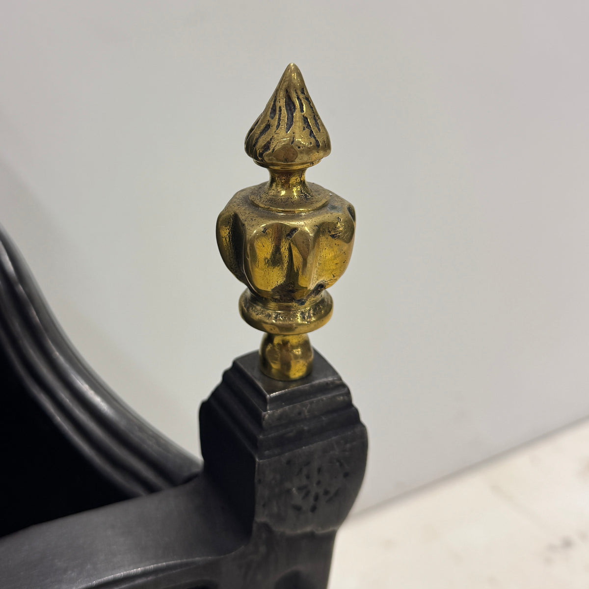 Reclaimed Cast Iron Fire Basket with Brass Finials and Decorative Apron