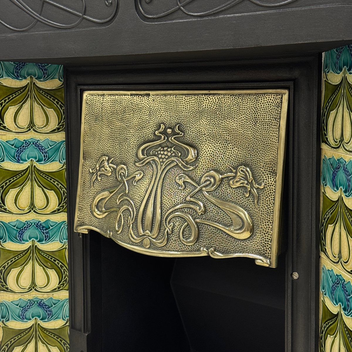 Antique Cast Iron Art Nouveau Combination Fireplace With Tiles