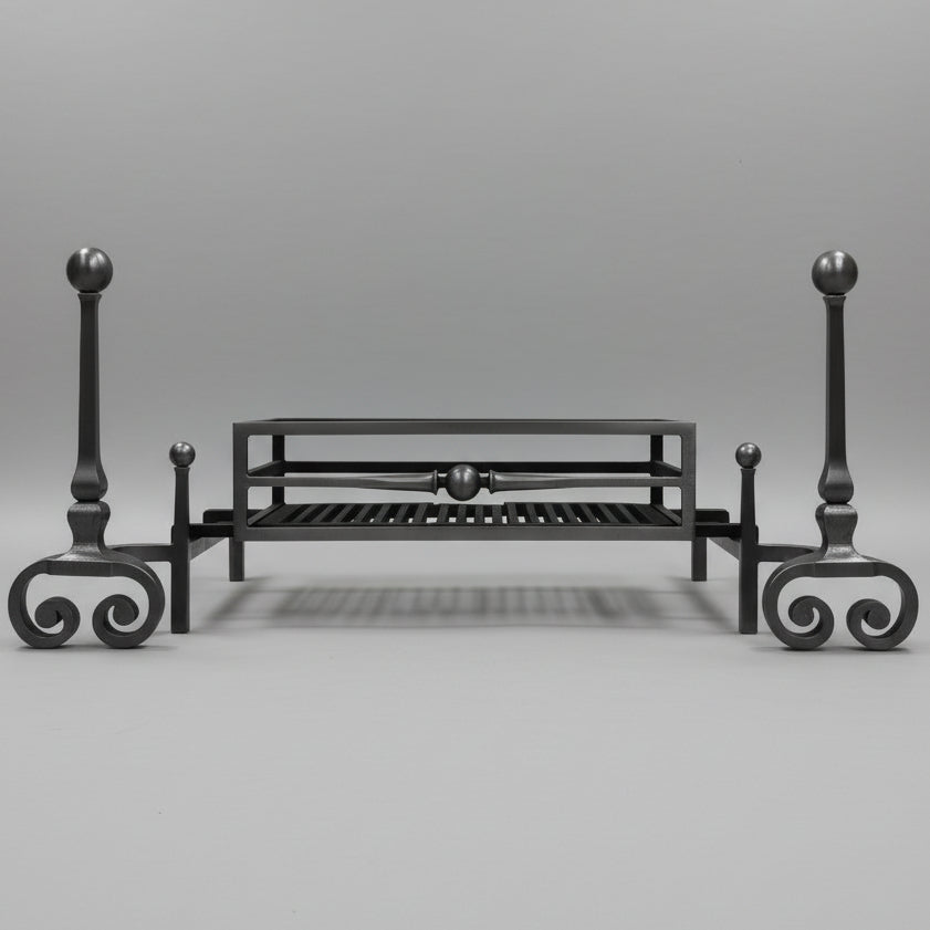 Reclaimed Polished Steel Byron Fire Basket with Newton Scroll Andirons