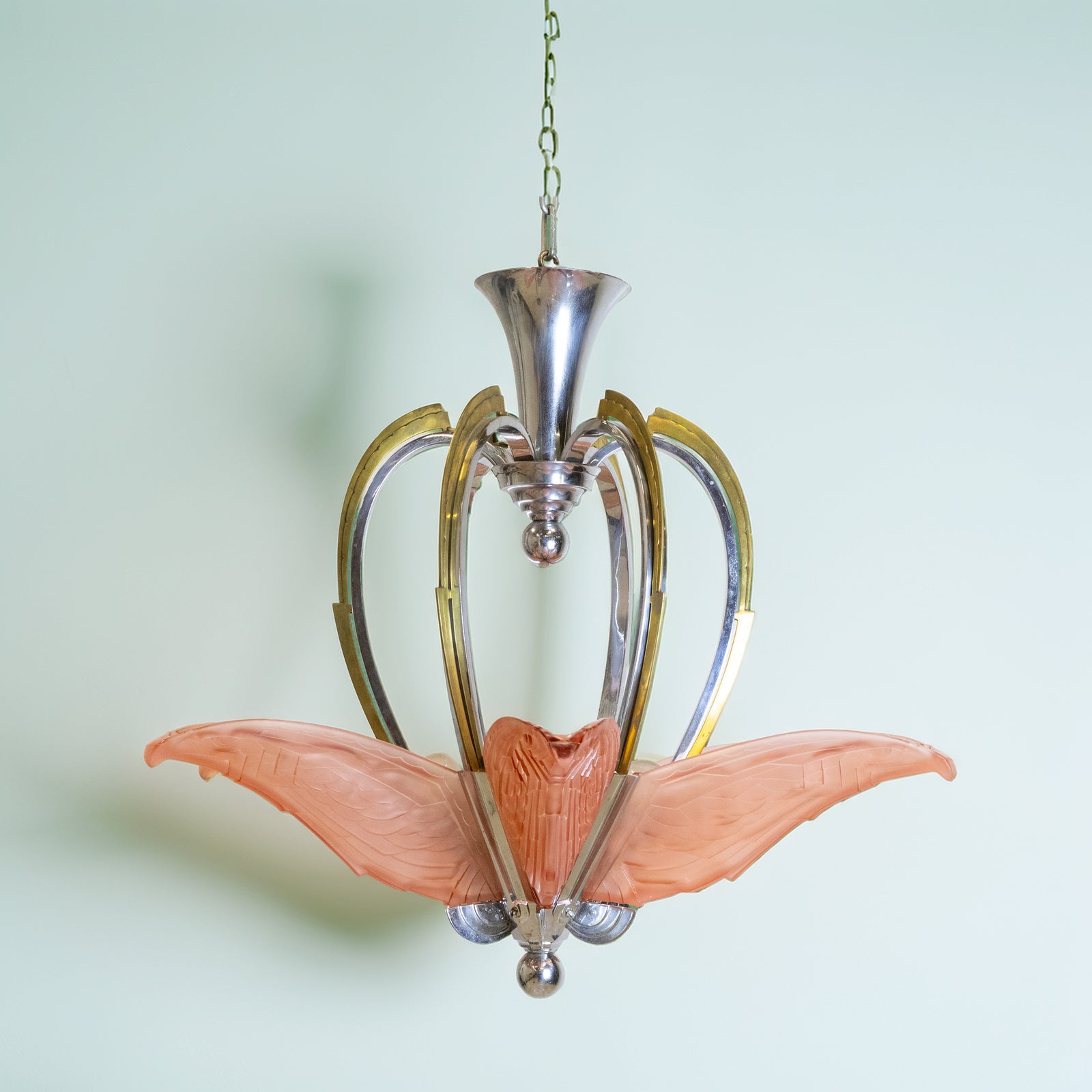 French Art Deco Ceiling Light Chandelier with Pink Glass | The Architectural Forum