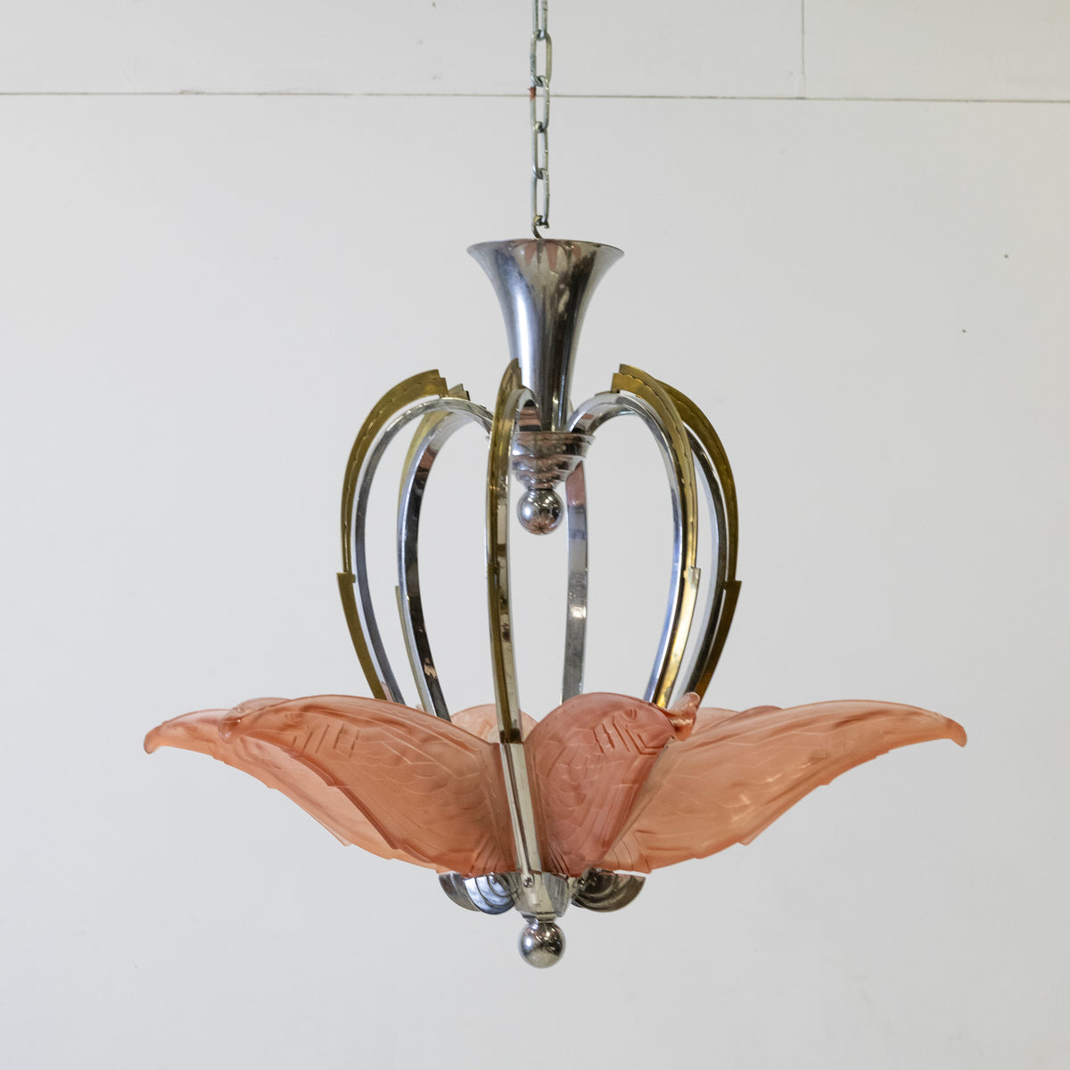 French Art Deco Ceiling Light Chandelier with Pink Glass | The Architectural Forum