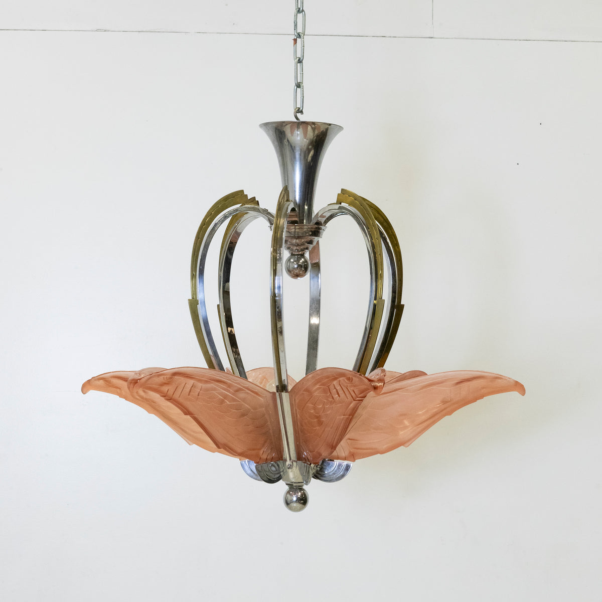 French Art Deco Ceiling Light Chandelier with Pink Glass | The Architectural Forum