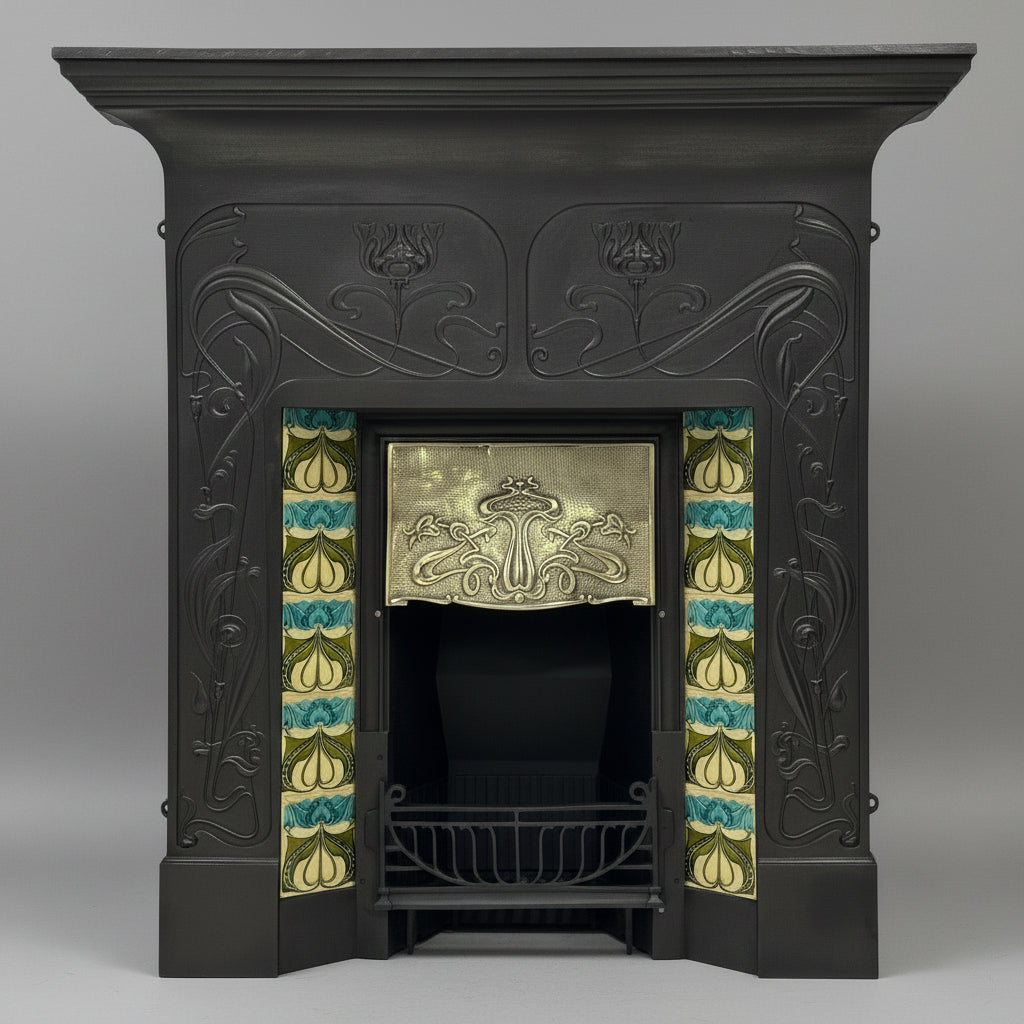 Antique Cast Iron Art Nouveau Combination Fireplace With Tiles