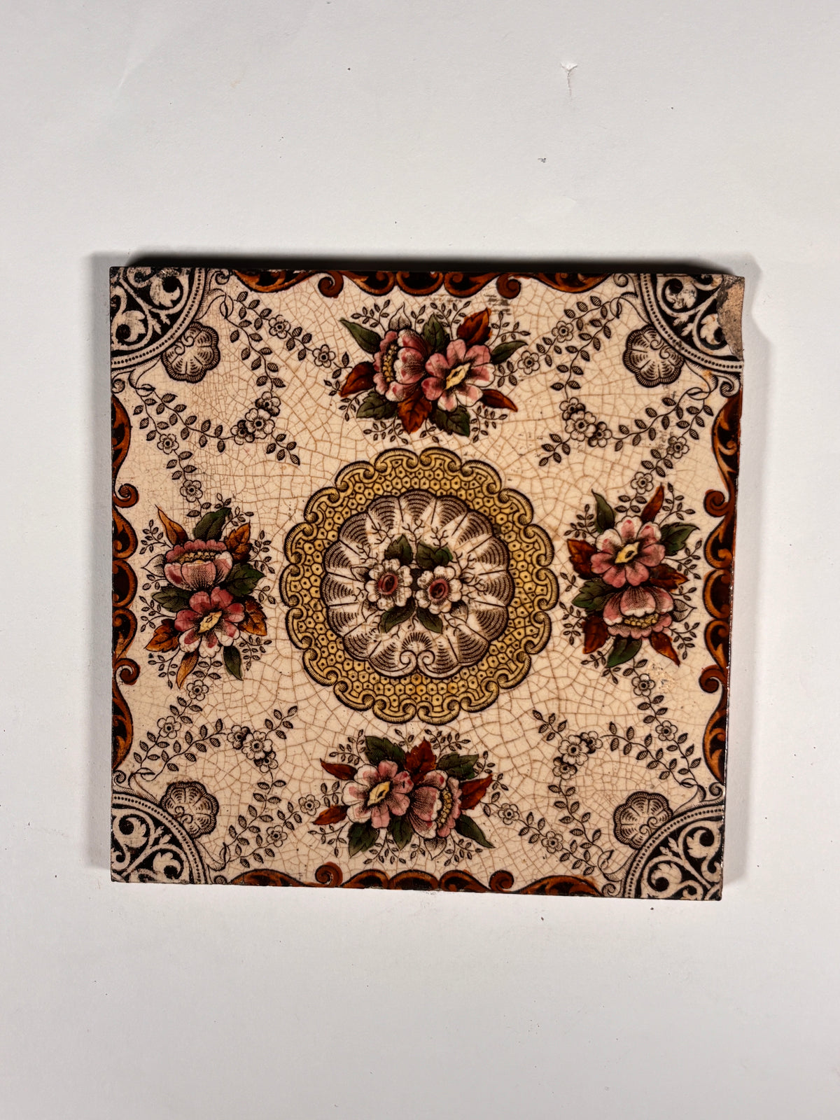 Victorian Floral Medallion Ceramic Tile Set of 4