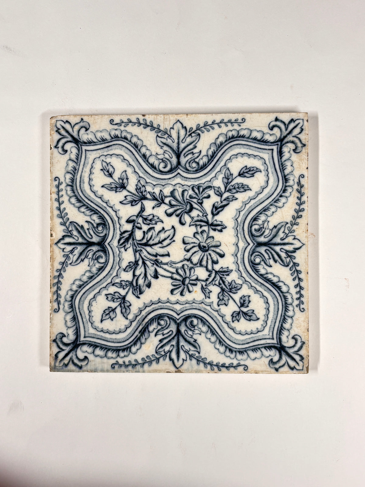 Antique Blue & White Floral Delft-Style Tiles Set of 2