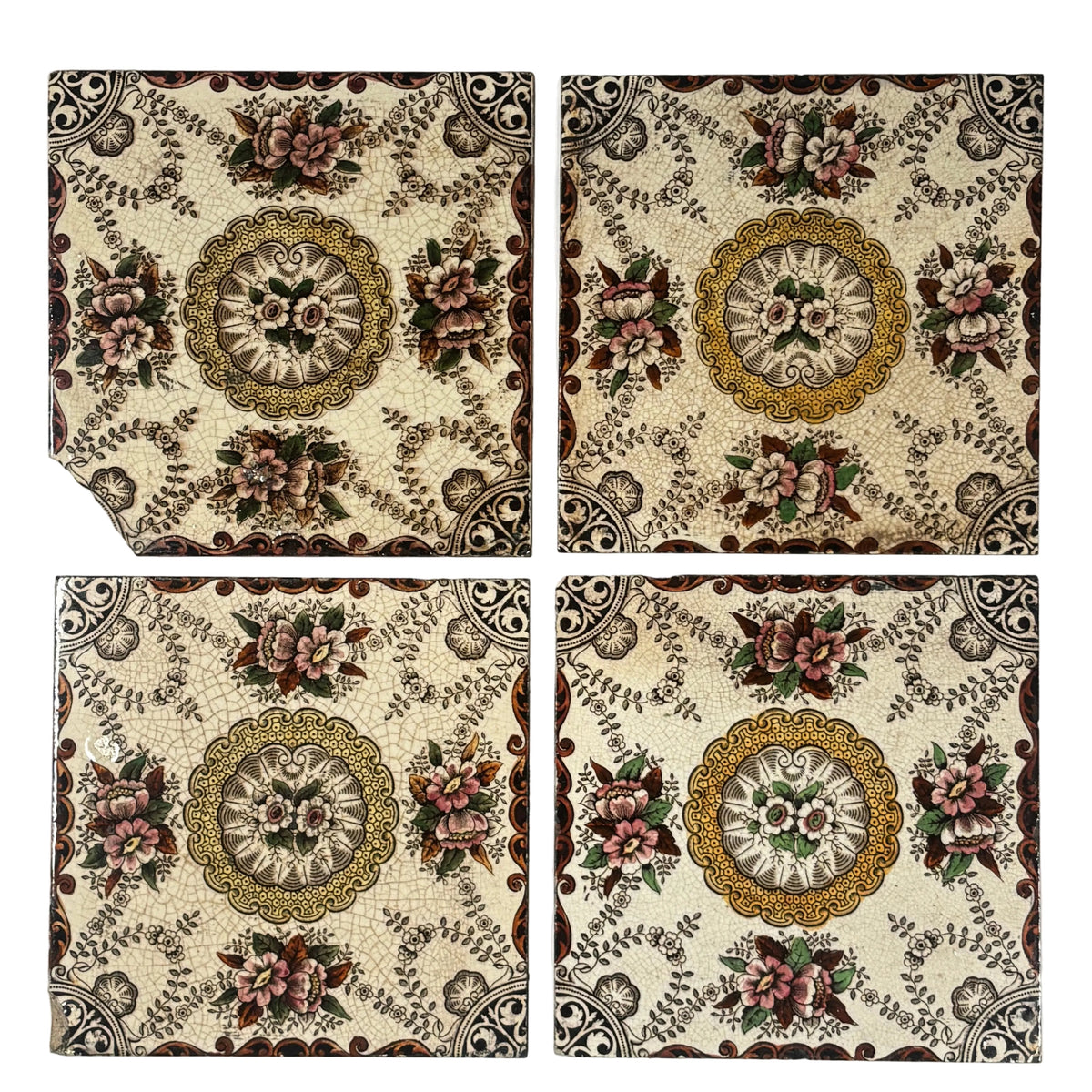 Victorian Floral Medallion Ceramic Tile Set of 4
