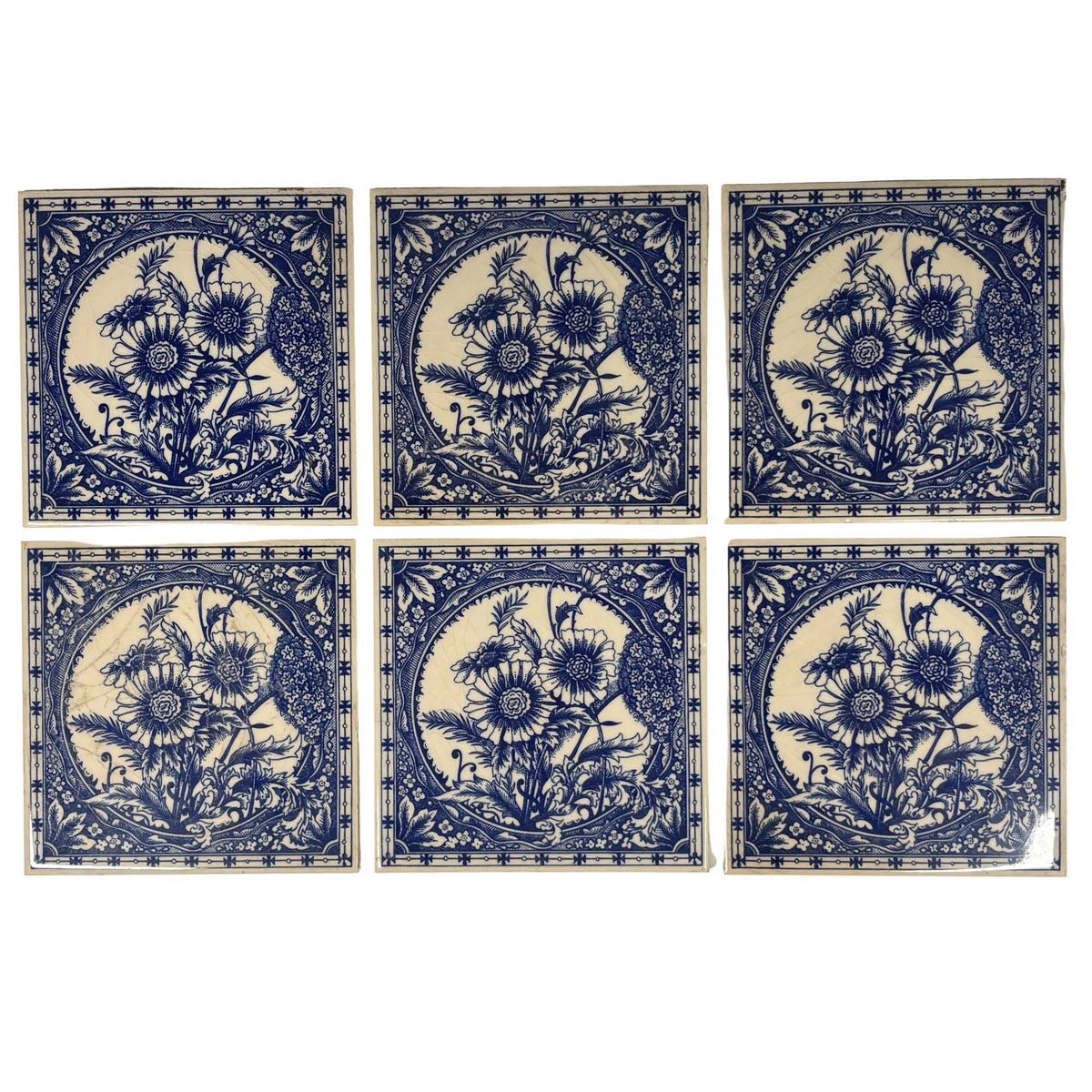 Blue & White Botanical Ceramic Tiles Set of 6