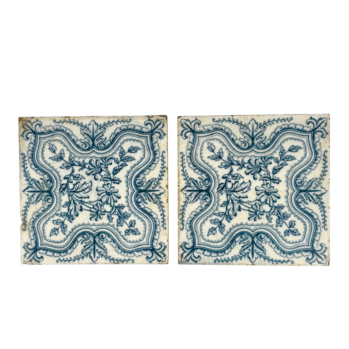 Antique Blue & White Floral Delft-Style Tiles Set of 2
