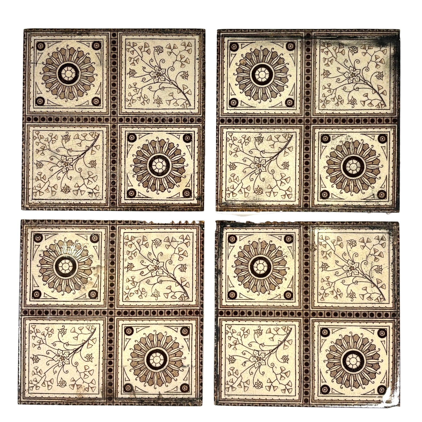 Vintage Victorian-Style Decorative Tile Set with Floral & Sun Motifs Set of 7 | The Architectural Forum