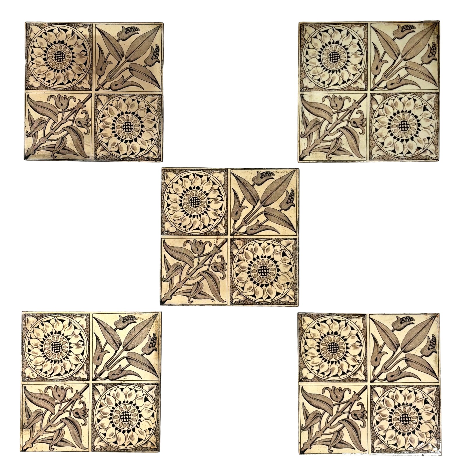 Vintage Art Nouveau Botanical Decorative Tiles Set of 5 | The Architectural Forum