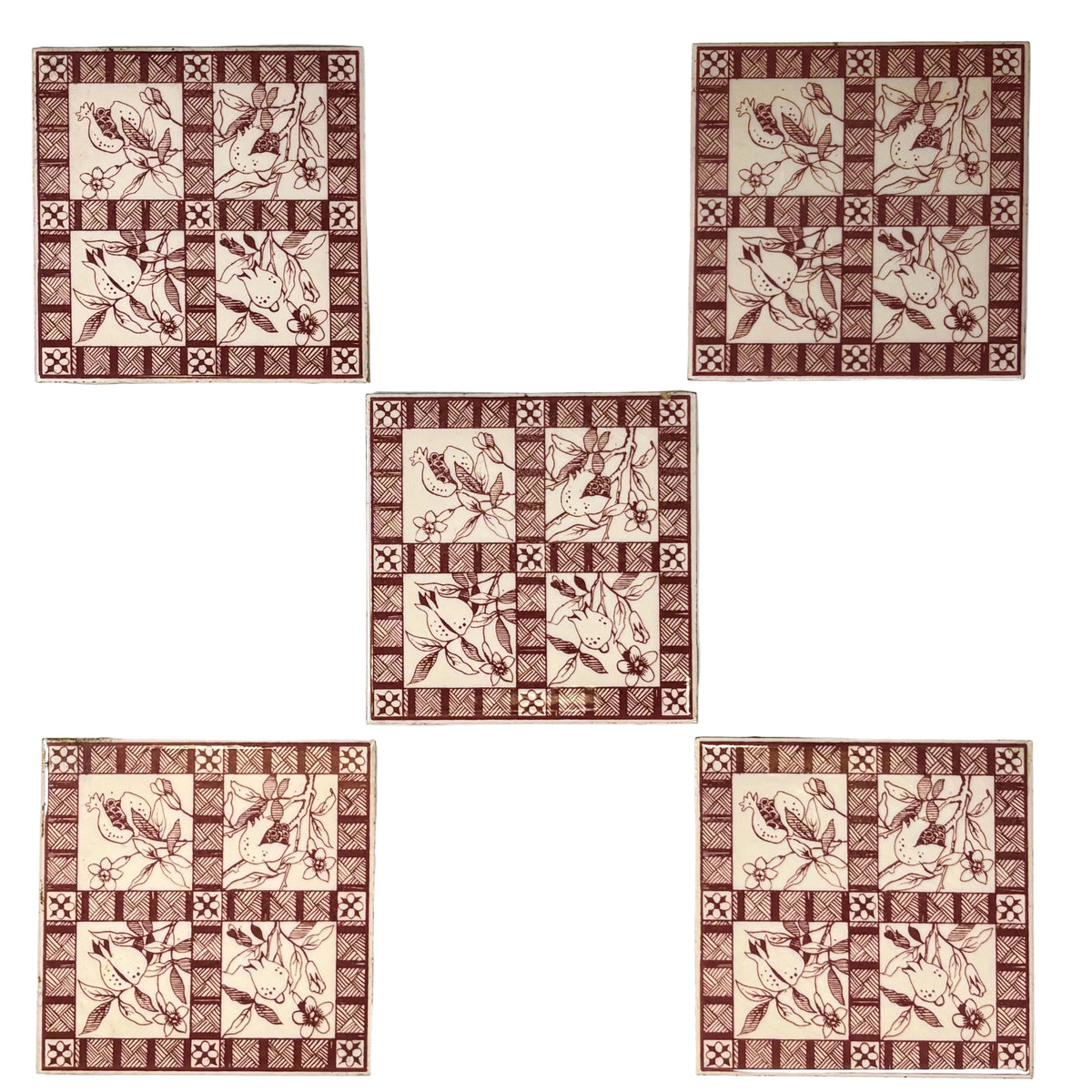 Vintage Botanical Pattern Ceramic Tiles Set of 5